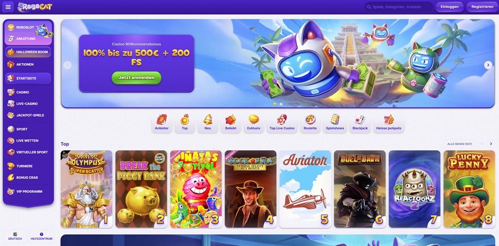 Startseite des Online-Casinos Robocat